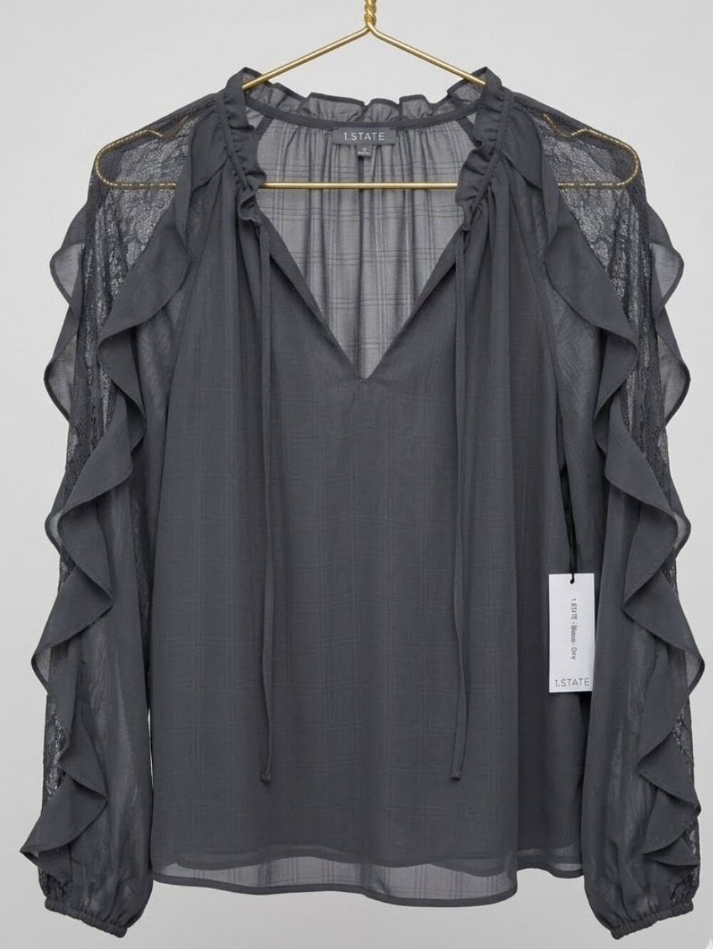 1. State Charcoal Ruffle Lace-Panel V-Neck Blouse Sz S NWT